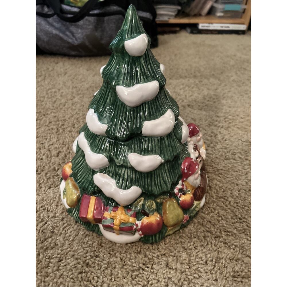 Vtg Christmas Tree Cookie Jar Gnome Deer Ceramic Presents Snow 11” Elements - Picture 6 of 7